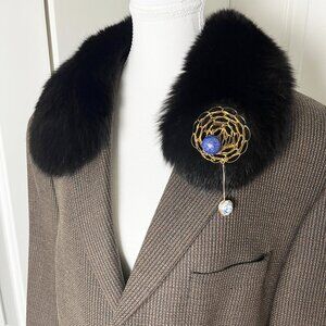 Vintage Wool Blazer w/ Detachable Mobwife Collar & Handmade Brooch, Oversized/XL